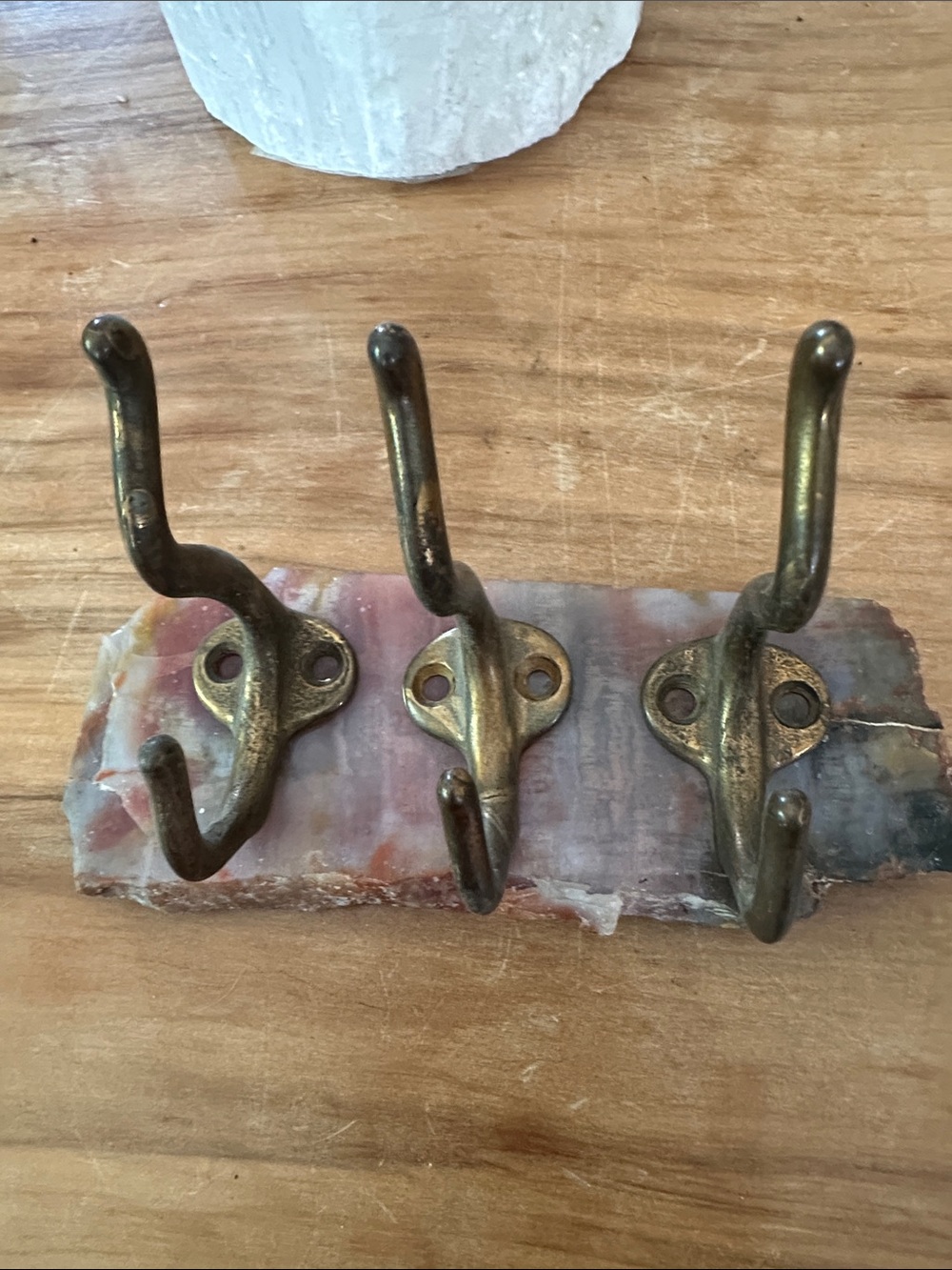 Set of three vintage brass double hooks only patina charm 3”x3”